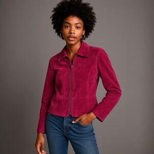 Ann Taylor Suede Leather Moto Jacket Pink Zip Front Collar Women Retro Grunge S‎